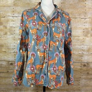 THEIR NIBS Womens Cheetah Pajama Top Shirt Large Cotton Long Sleeve Button Up